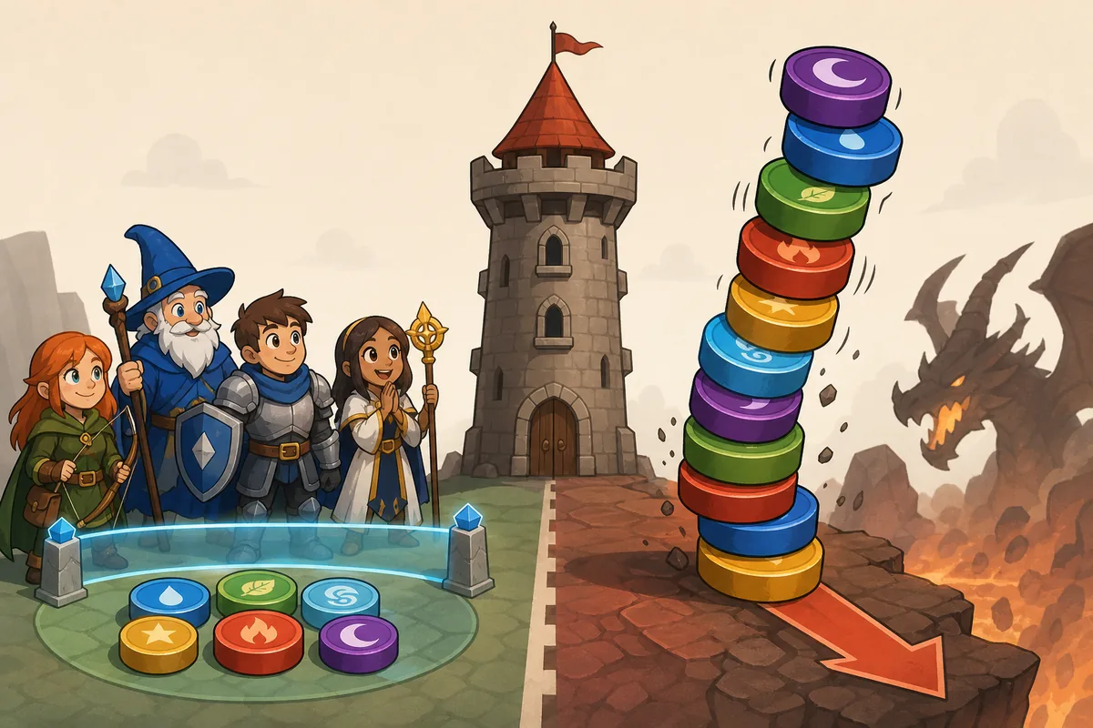 Editorial comparison showing a protected token reserve beside an oversized risky Dragon Tower stack