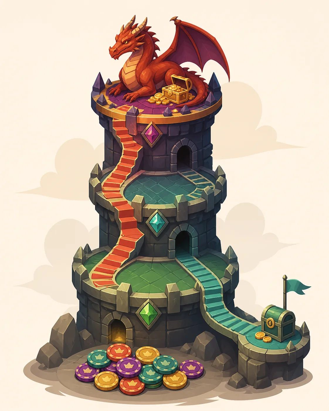 Editorial illustration of a Dragon Tower climb with a safe path and a higher-risk path