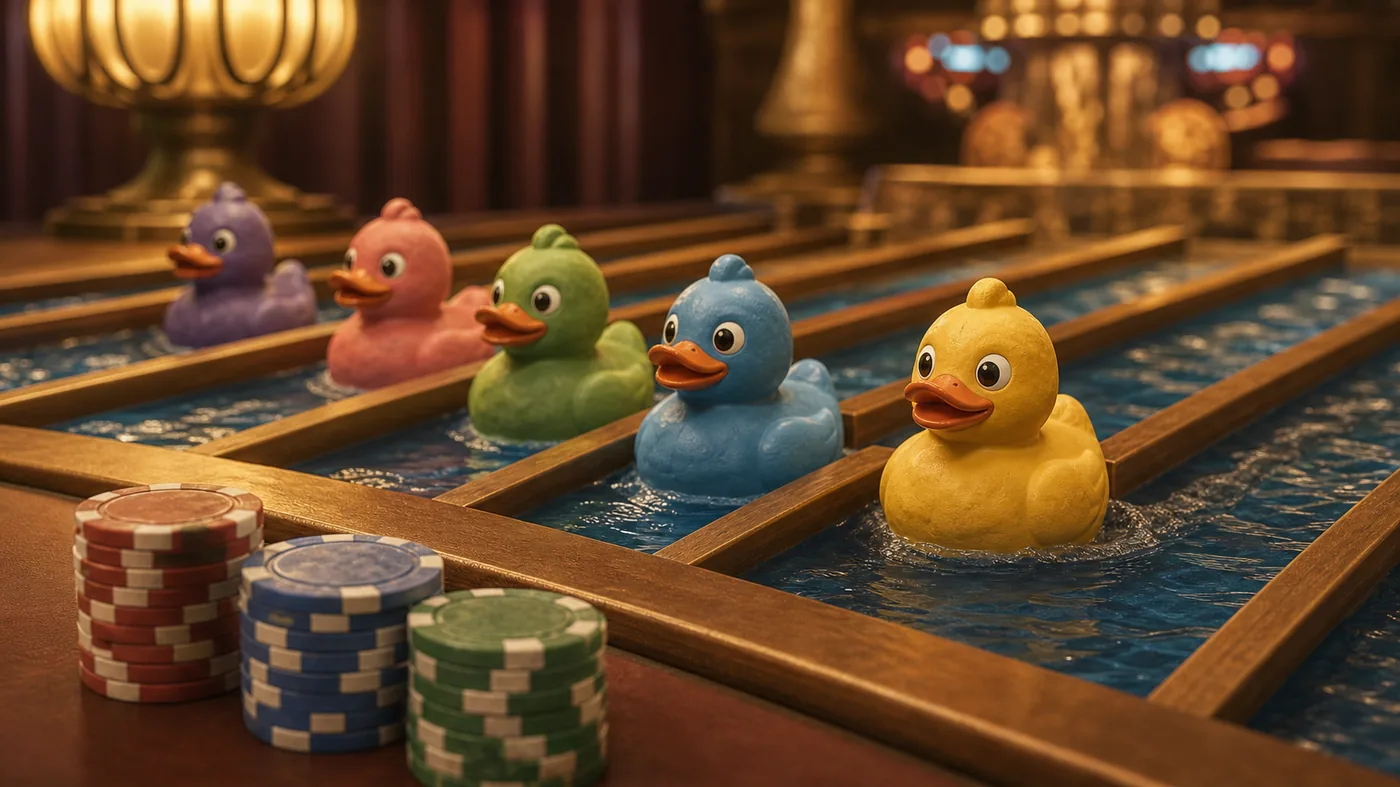 Editorial illustration of toy ducks racing beside a small controlled stack of casino chips