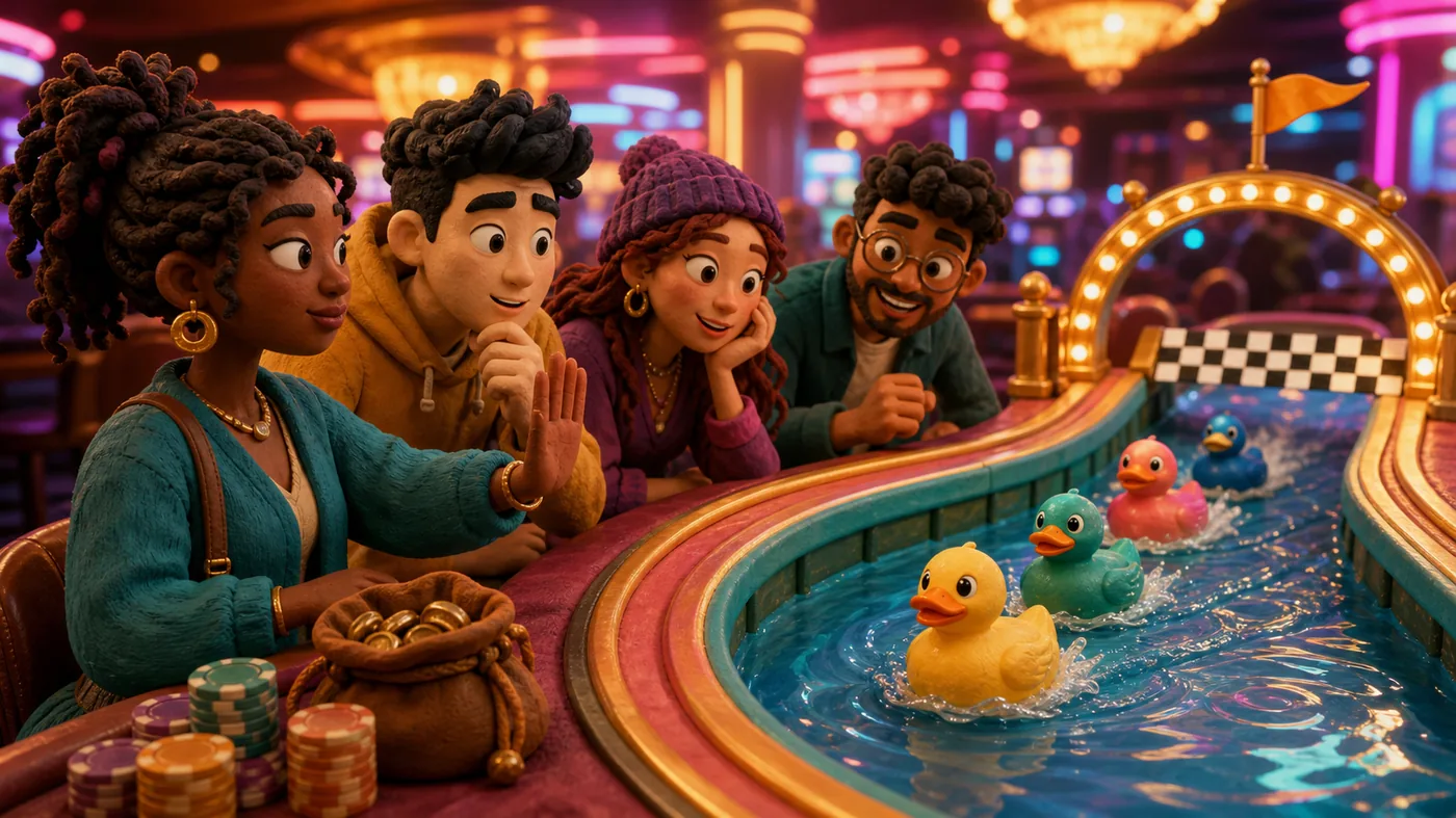 Editorial illustration of friends using a stop signal beside a toy duck racing track