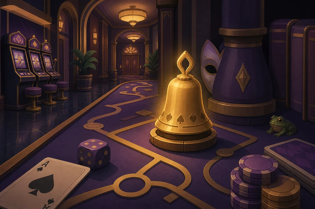 Editorial illustration of a player following a hidden clue path through a stylized casino corridor