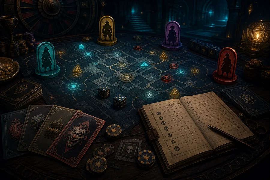 Gamble With Your Friends wiki hero artwork showing a co-op casino dungeon guide board