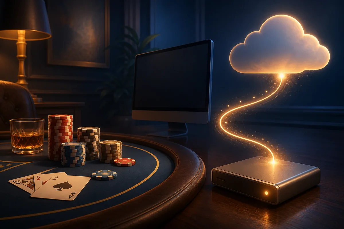 Concept illustration of casino game progress syncing from a computer to cloud storage