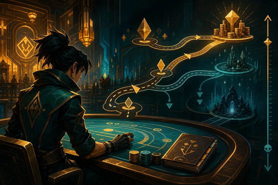 Editorial concept illustration of a solo player weighing risk, bank protection, and an exit path